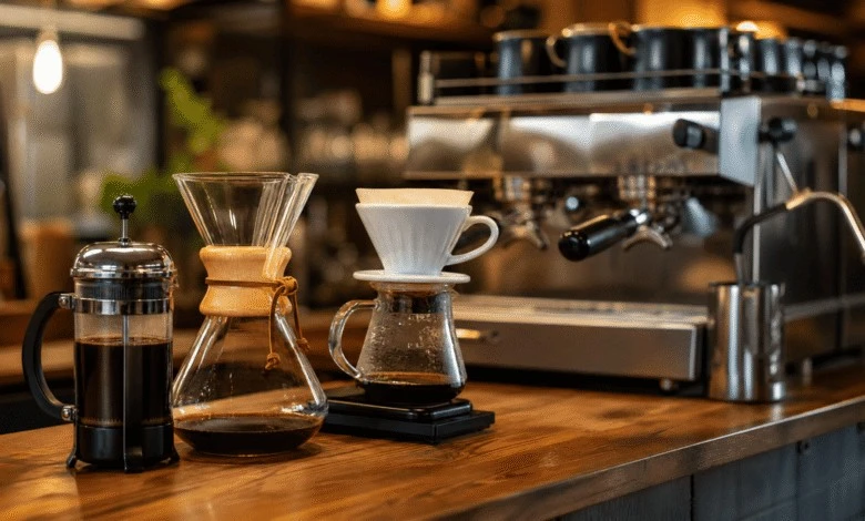 French press, Chemex, cone dripper and espresso machine lined up on a coffee shop counter